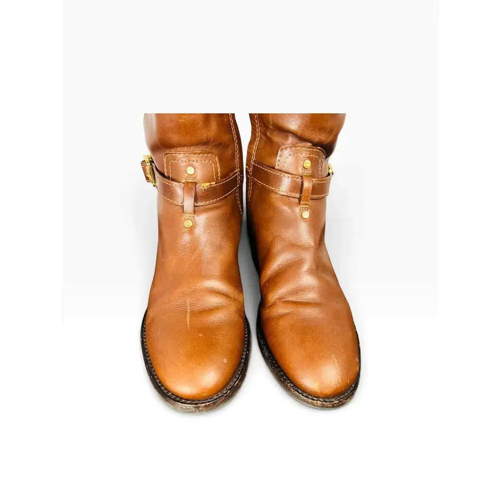 Tory Burch Eloise Riding Boots Almond Brown Leather Double T Logo Knee High 6